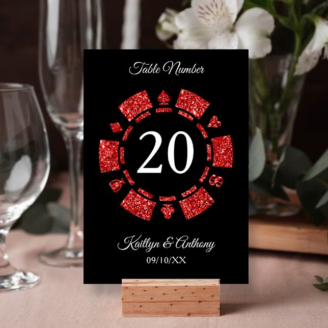 Red Glitter Monogram Poker Chip Casino Wedding Invitation (Creator Uploaded)