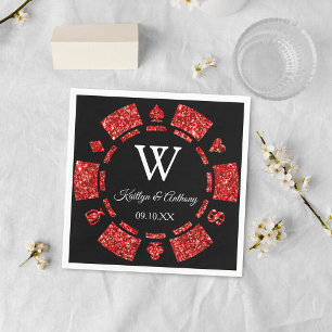 Red Glitter Monogram Poker Chip Casino Wedding Napkin