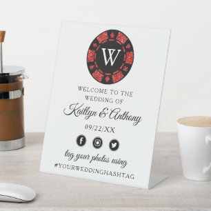 Red Glitter Monogram Poker Chip Casino Wedding Pedestal Sign