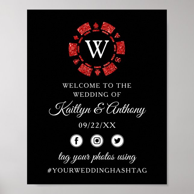 Red Glitter Monogram Poker Chip Casino Wedding Poster (Front)