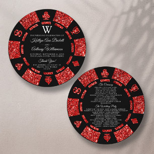 Red Glitter Monogram Poker Chip Casino Wedding Programme