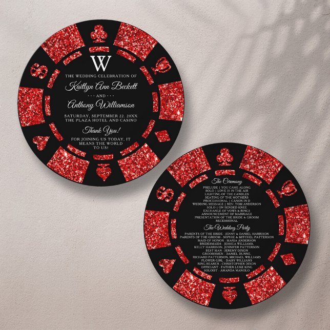 Red Glitter Monogram Poker Chip Casino Wedding Programme (Creator Uploaded)