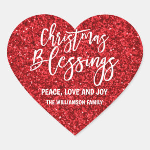 Red Glitter Personalised Christmas Blessings Heart Sticker