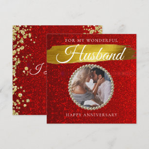 Red Glitter Photo Husband Wedding Anniversary Card