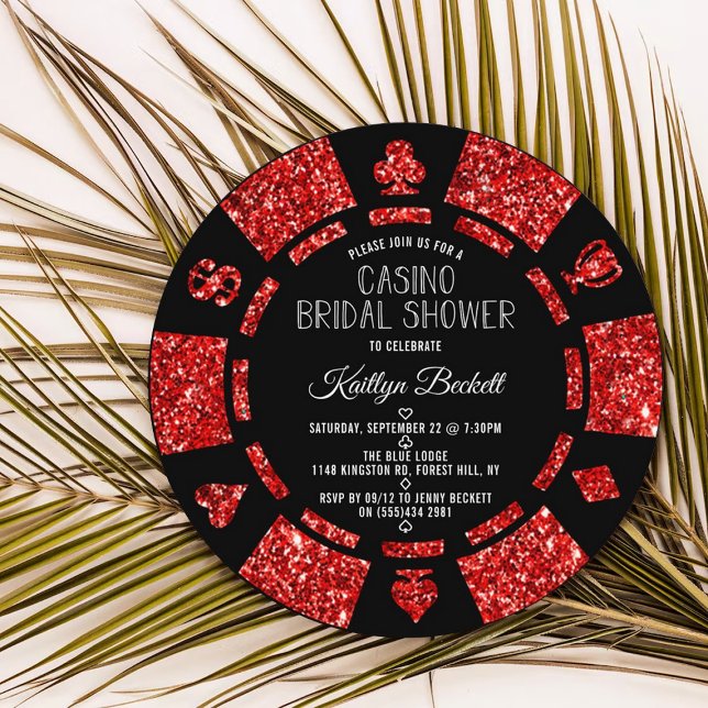 Red Glitter Poker Chip Casino Bridal Shower Invitation (Creator Uploaded)