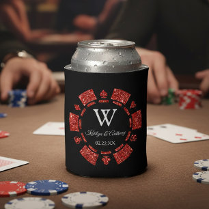 Red Glitter Poker Chip Casino Wedding Can Cooler