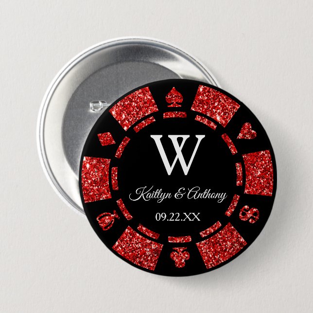 Red Glitter Poker Chip Casino Wedding Party Favour 7.5 Cm Round Badge (Front & Back)