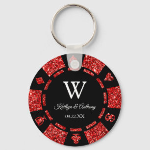 Red Glitter Poker Chip Casino Wedding Party Favour Key Ring