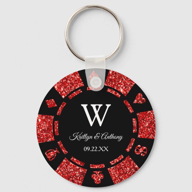 Red Glitter Poker Chip Casino Wedding Party Favour Key Ring (Front)