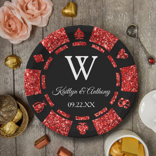 Red Glitter Poker Chip Casino Wedding Party Paper Plate
