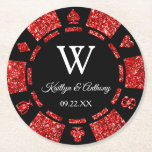 Red Glitter Poker Chip Casino Wedding Round Paper Coaster<br><div class="desc">Celebrate in style with these trendy poker chip coasters. The design is easy to personalise with your own wording and your family and friends will be thrilled when they see these fabulous coasters.</div>