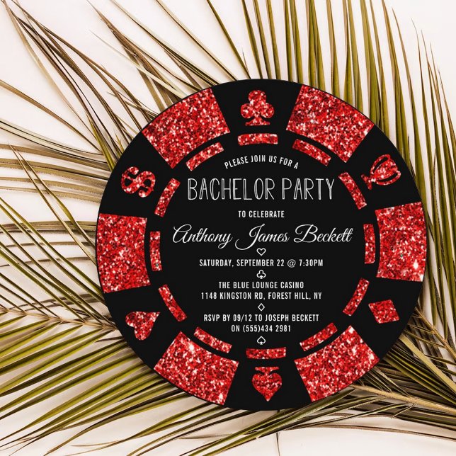 Red Glitter Poker Chip Las Vegas Bachelor Party Invitation (Creator Uploaded)