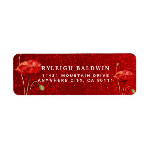Red Glitter Poppy Flowers Return Address Label