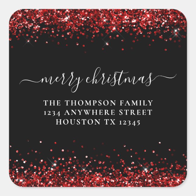Red Glitter Return Address Merry Christmas Black Square Sticker (Front)