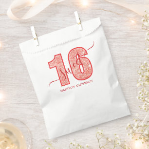 Red Glitter Script Sweet 16 Birthday Glam Favour Bags