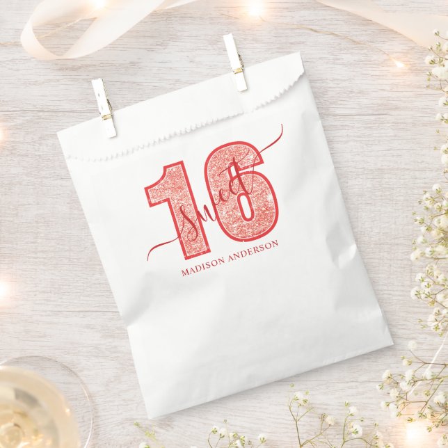 Red Glitter Script Sweet 16 Birthday Glam Favour Bags (Clipped)