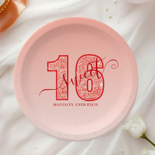 Red Glitter Script Sweet 16 Paper Plate