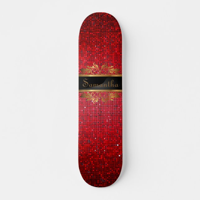Red Glitter Sequin Disco Old School Skateboard (Front)