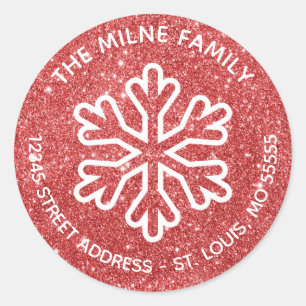Red Glitter Snowflake - Circle Return Address Classic Round Sticker