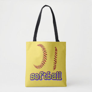 Red Glitter Softball Stitches w/Softball Text Tote Bag