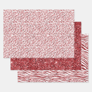 Red Glitter Sparkle Leopard Print Wrapping Paper Sheet