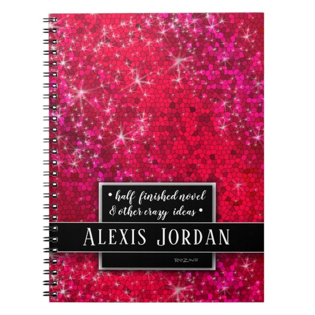 Red Glitter Sparkles Black White Monogram Glam Notebook (Front)