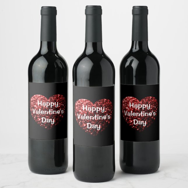 Red Glitter sparkles Heart Happy Valentine's Day Wine Label (Bottles)