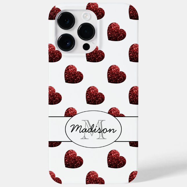 Red Glitter sparkles Hearts pattern Monogram white Case-Mate iPhone Case (Back)