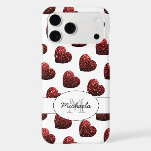 Red Glitter sparkles Hearts pattern white Monogram