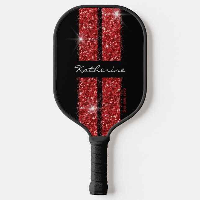 Red Glitter Sport Racing Stripes Elegant Pickleball Paddle (Back)