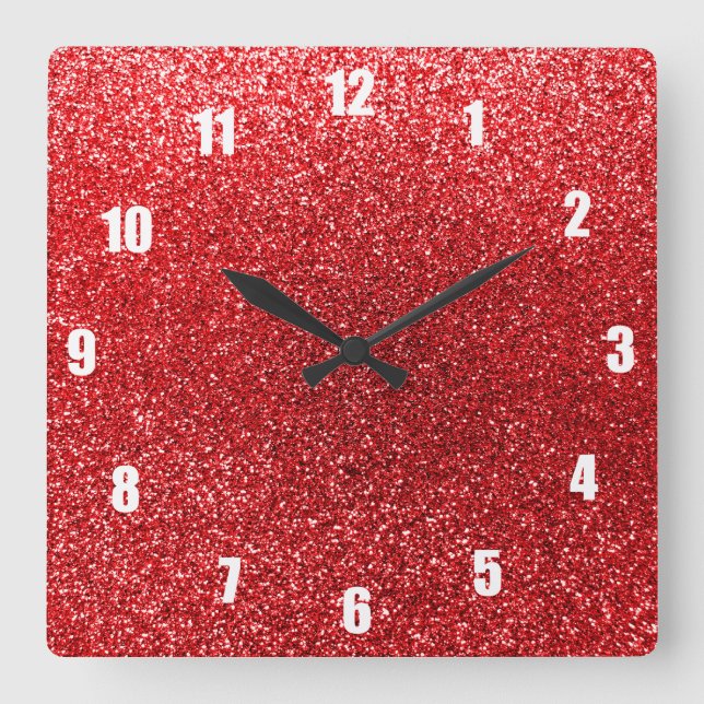 Red glitter square wall clock (Front)