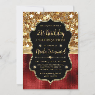 Red Glitter Stars and Red Foil 21st Birthday Invitation