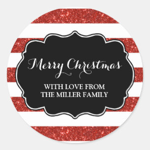 Red Glitter Stripes Merry Christmas Custom Classic Round Sticker