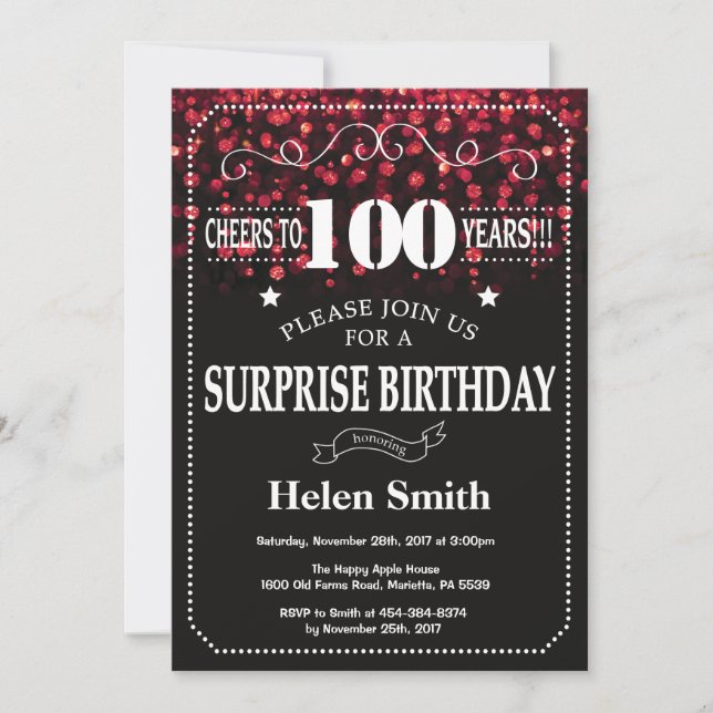 Red Glitter Surprise 100th Birthday Invitation (Front)