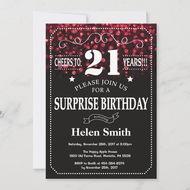 Red Glitter Surprise 21st Birthday Invitation (Front)