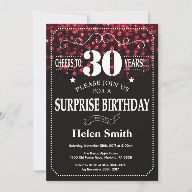 Red Glitter Surprise 30th Birthday Invitation (Front)