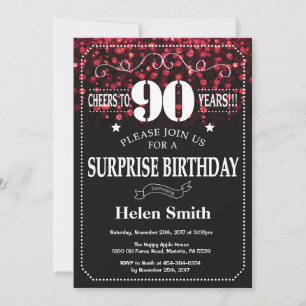 Red Glitter Surprise 90th Birthday Invitation