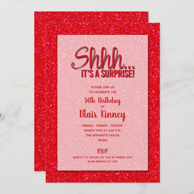 Red Glitter SURPRISE Birthday Invitation (Front/Back)