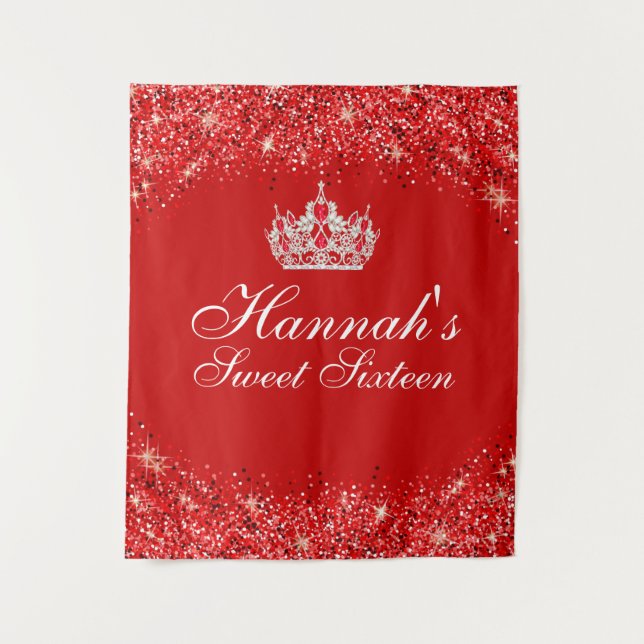 Red Glitter Sweet 16 Backdrop Tapestry (Front)
