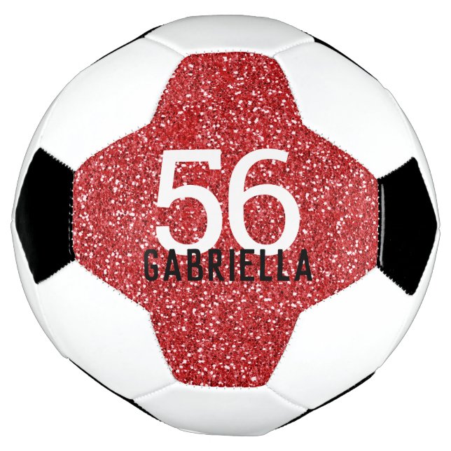Red Glitter Team Number Name Soccer Ball (Rotated)