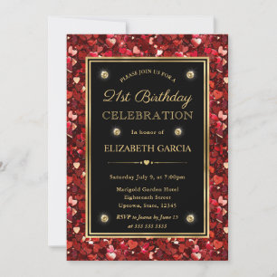 Red Glitter Valentine Hearts 21st Birthday Invitation