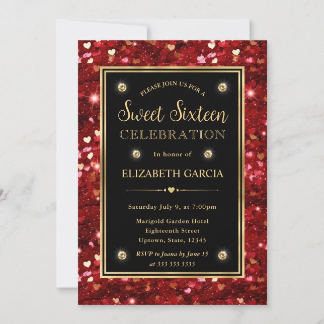 Red Glitter Valentine Hearts Sweet Sixteen Invitation (Front)