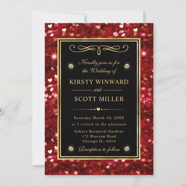 Red Glitter Valentine Hearts Wedding Invitation (Front)