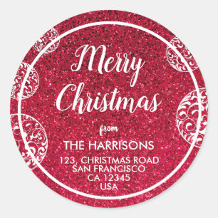 Red Glitter White Christmas Baubles Address Classic Round Sticker