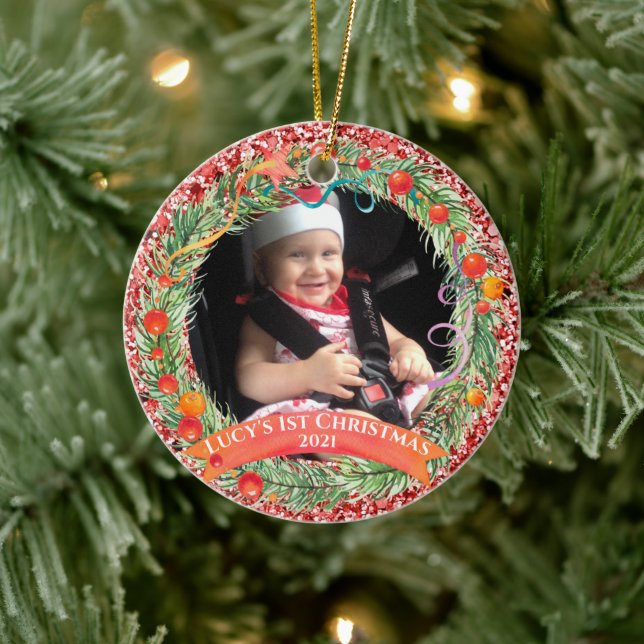 Red Glitter Wreath First Christmas Ornament (Tree)