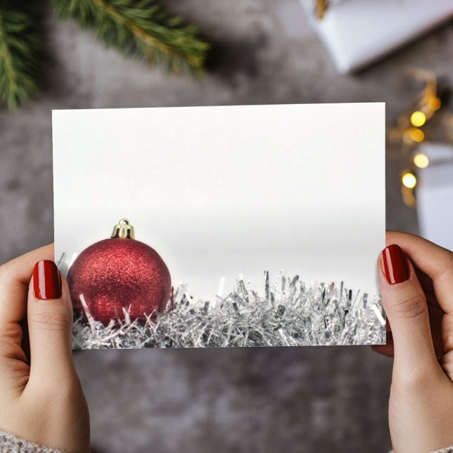Red glittery Christmas ornament & silver tinsel Postcard (Creator Uploaded)