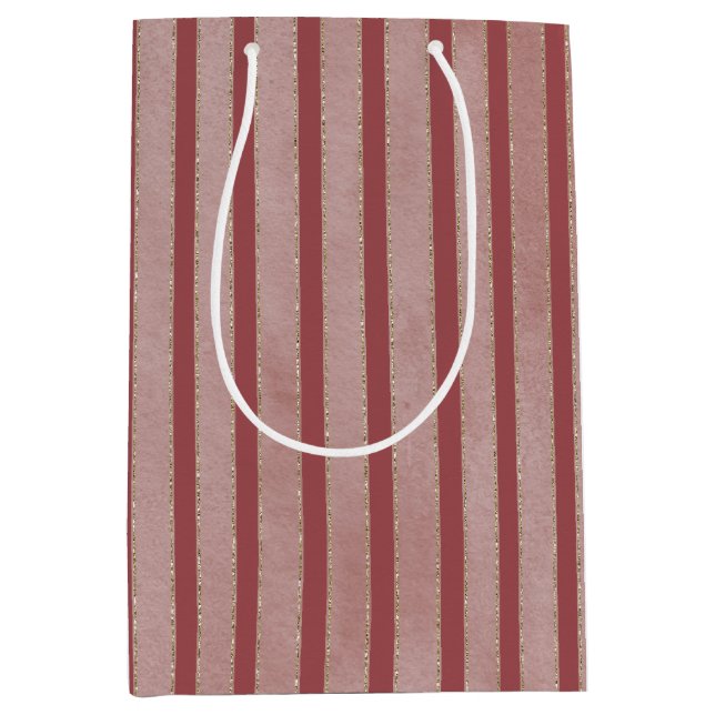 Red Glitzy Gold Stripes Christmas Medium Gift Bag (Front)