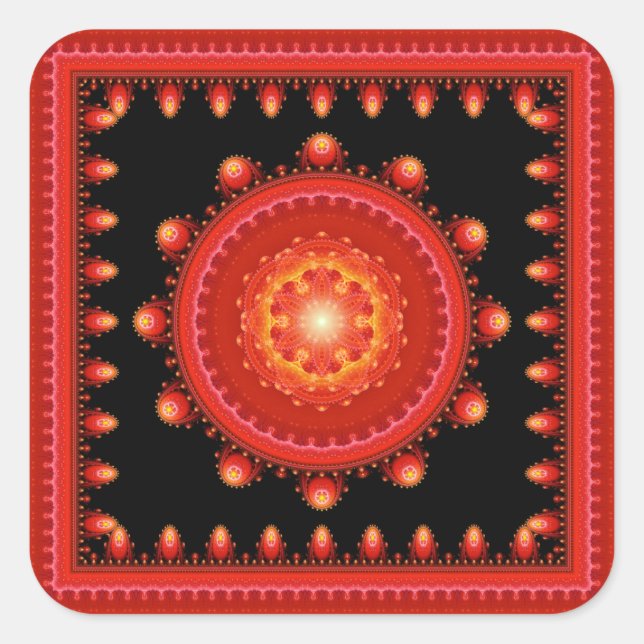 Red glossy fractal mandala square sticker (Front)