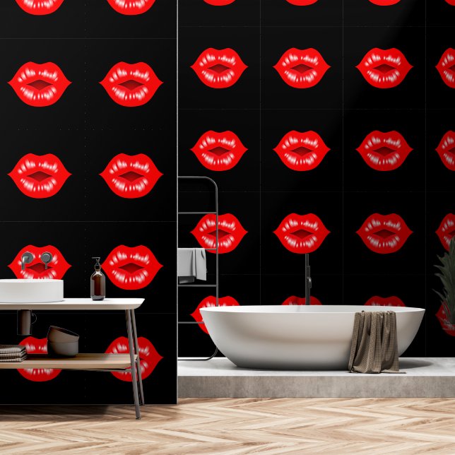 Red Glossy Lips Custom Colour Black Wallpaper (Bathroom)