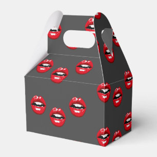 Red glossy lips on grey favour box